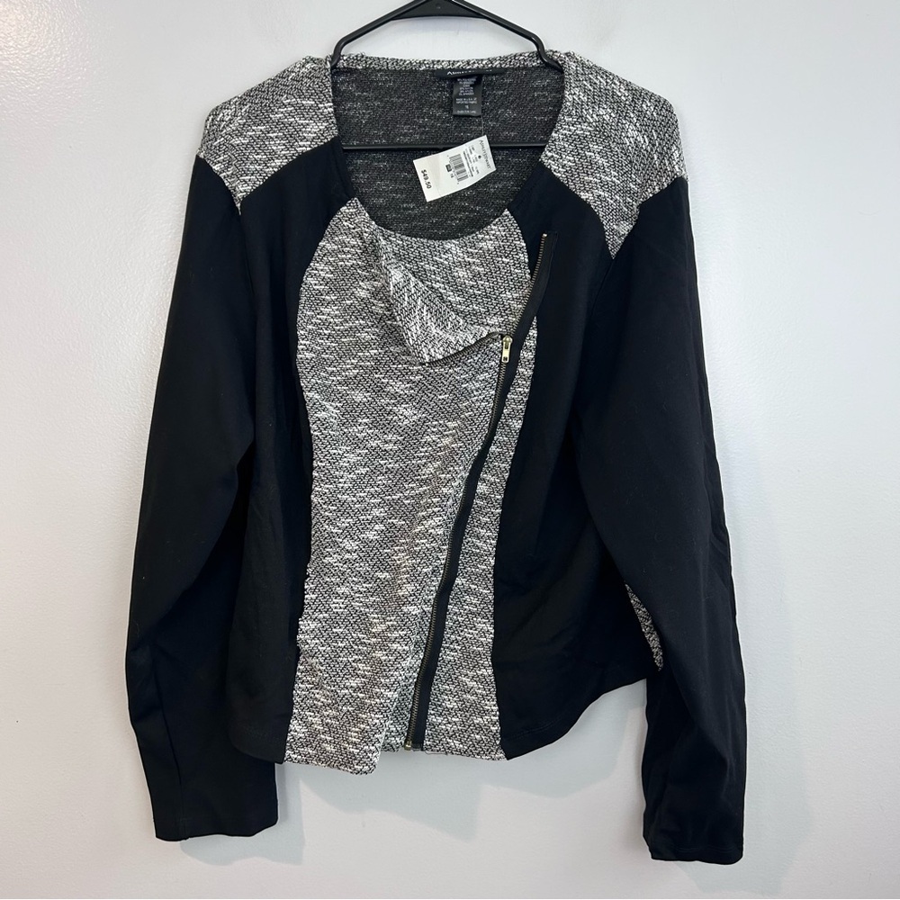 NWT Ashley Stewart Black/Grey Moto Style Zip Up Tweed Sweater/Jacket Size 16